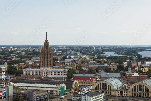 View of Riga from St Peter's Church Tower towards Riga Central Market and the Latvian Academy of Sciences during autumn (Riga, Latvia, Europe)