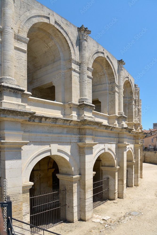 Roman amphitheatre of Arles,a city and commune in the south of France, in the Bouches-du-Rhône department, of which it is a subprefecture, in the former province of Provence, located north of the Cama