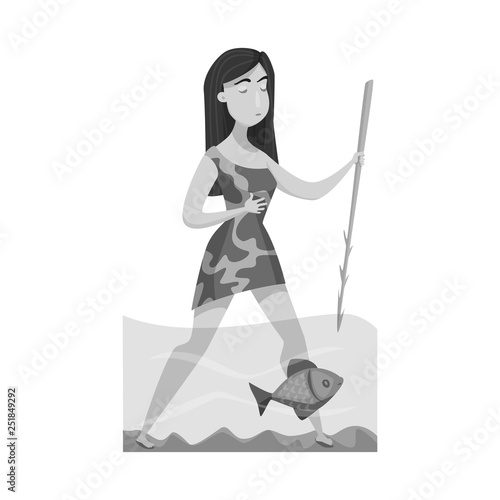 Vector design of woman and neanderthal logo. Collection of woman and fish vector icon for stock.
