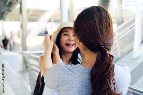 Beautiful woman smile portrait and traveling in the city.