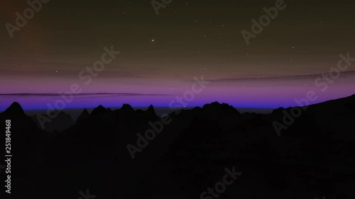 4K cloudy sky landscape Exoplanet 3D illustration dawn in the mountains (Elements of this image furnished by NASA) purple beautiful yellow sunrise