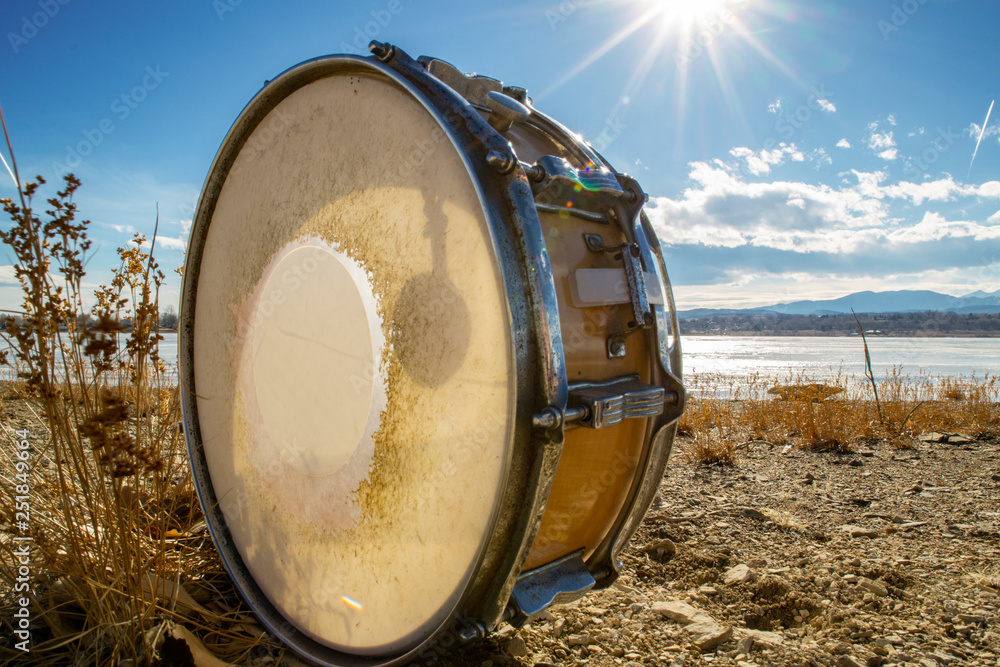 Vintage Snare Drum with a Beach Background