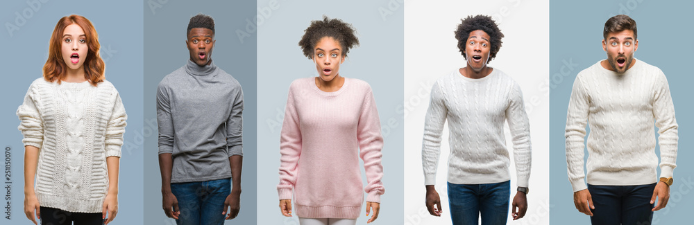 Collage of group of african american and hispanic people wearing winter sweater over vintage background afraid and shocked with surprise expression, fear and excited face. Collage of group of african american and hispanic people wearing winter sweater over vintage background afraid and shocked with surprise expression, fear and excited face.