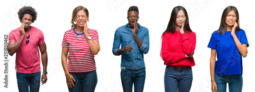 Composition of african american, hispanic and chinese group of people over isolated white background touching mouth with hand with painful expression because of toothache or dental illness on teeth