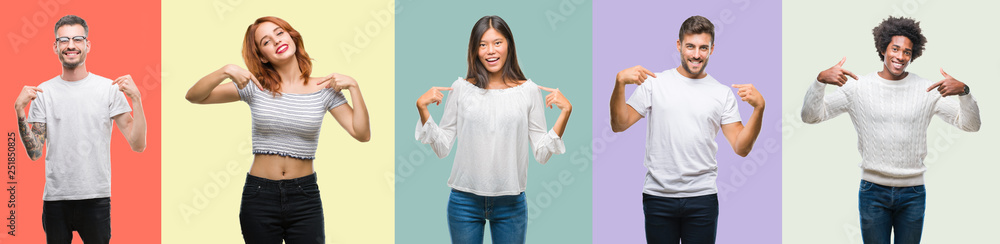Composition of african american, hispanic and chinese group of people over vintage color background looking confident with smile on face, pointing oneself with fingers proud and happy. Composition of african american, hispanic and chinese group of people over vintage color background looking confident with smile on face, pointing oneself with fingers proud and happy.