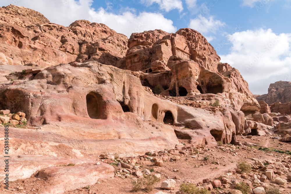 Fototapeta premium Lonely caves in ancient city of Petra. Petra is one of the Seven Wonders of the Word.
