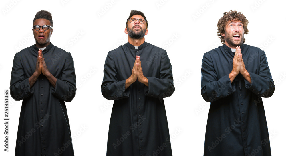 Collage of christian priest men over isolated background begging and praying with hands together with hope expression on face very emotional and worried. Asking for forgiveness. Religion concept. Collage of christian priest men over isolated background begging and praying with hands together with hope expression on face very emotional and worried. Asking for forgiveness. Religion concept.