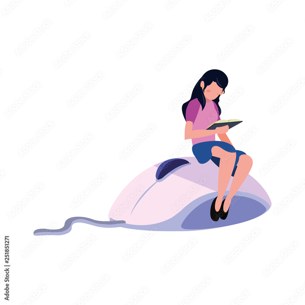 woman reading book on mouse gadget woman reading book on mouse gadget