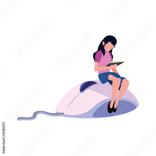 woman reading book on mouse gadget