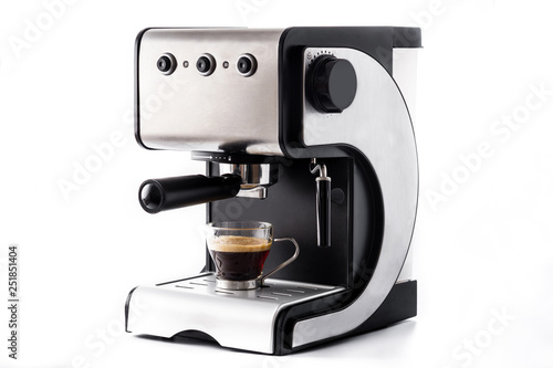 Fotobehang fresh coffee in espresso coffee machine isolated on white background