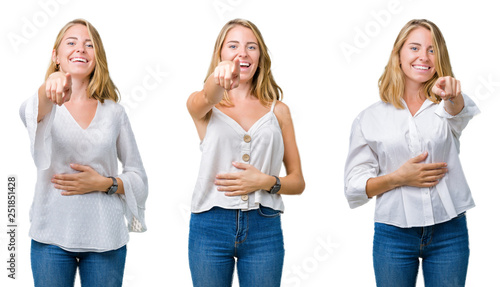 Collage of beautiful blonde woman over white isolated background Laughing of you, pointing to the camera with finger hand over chest, shame expression