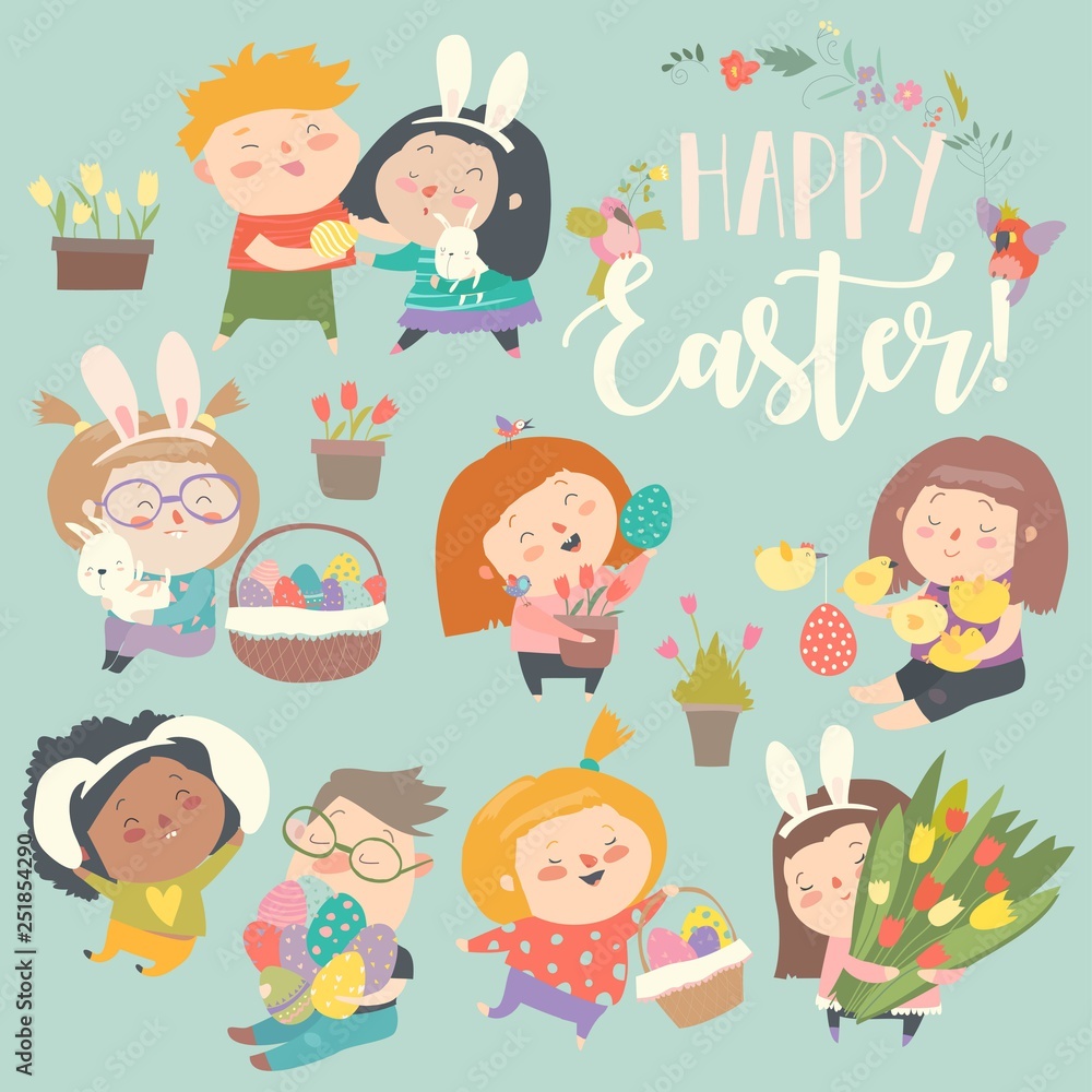 Cute little children with Easter theme. Happy Easter Cute little children with Easter theme. Happy Easter