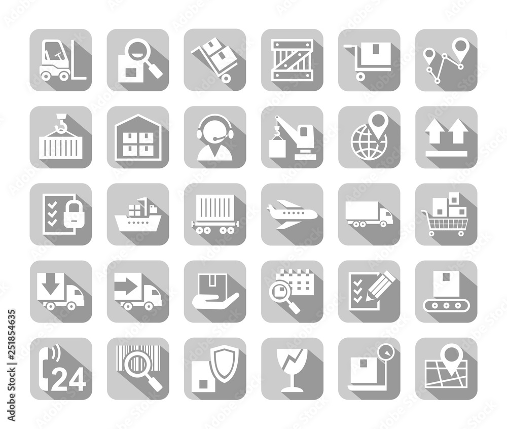 Shipping, flat icons, vector. Cargo transportation and delivery of goods. White flat icons on grey background with shadow. Vector clip art. Shipping, flat icons, vector. Cargo transportation and delivery of goods. White flat icons on grey background with shadow. Vector clip art.