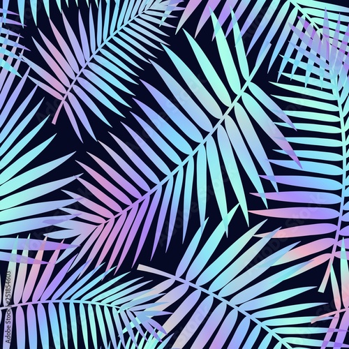 Summer seamless pattern with tropical leaves and holographic effect. Colorful summer print for textile, cards, posters etc. Vector tropical illustration