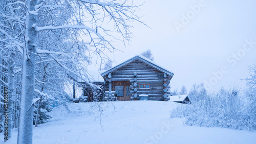 Winter landscape trees and wooden log house. Traditional Finnish buildings.  Finland Lapland mountain slope. Panorama © Fox