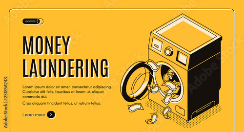 Money laundering isometric vector web banner, landing page. Dirty cash received by illegal way or criminal activity cleaning in washing machine illustration. Financial machination, tax evasion concept