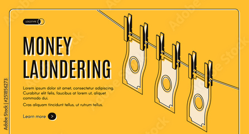 Money laundering machinations isometric vector web banner or landing page template. Washed and clean banknotes drying on rope illustration. Tax evasion, profit concealing, illegal income legitimation