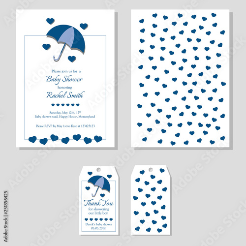 Baby boy shower set - invitation and thank you tag (front and back). Blue umbrella with hearts casting shadows. Ready to print invite.