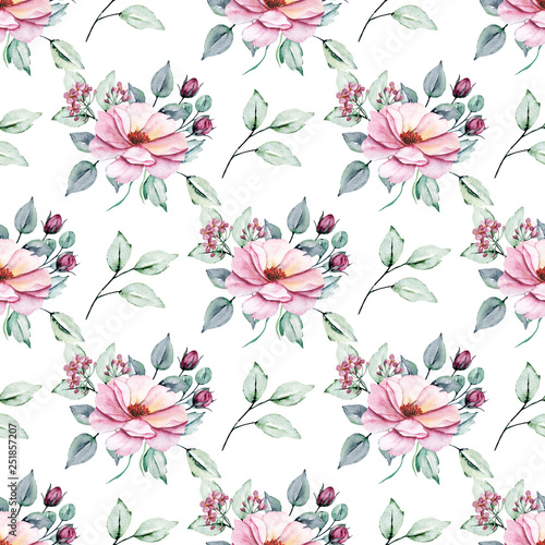 Seamless background, floral pattern with watercolor flowers peonies, roses and leaves. Repeating fabric wallpaper print texture. Perfectly for wrapped paper, backdrop, frame or border.