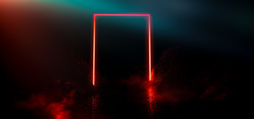 Dark background with light element in the center. Silhouette of a man, a reflection of neon lights. 3d rendering.
