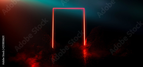 Dark background with light element in the center. Silhouette of a man  a reflection of neon lights. 3d rendering.