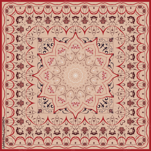 Vintage Arabic pattern. Persian colored carpet. Rich ornament for fabric design, handmade, interior decoration, textiles. Red background.