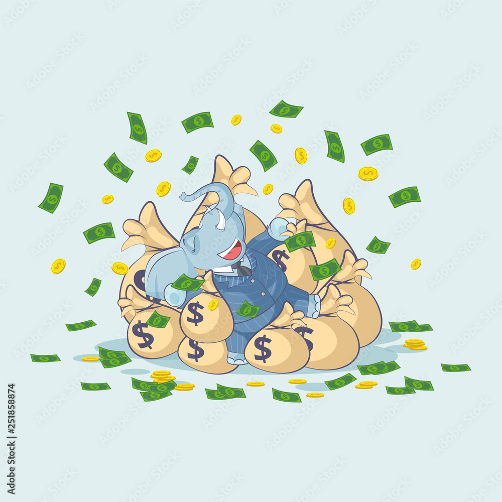 Fototapeta premium elephant sticker emoticon lies on bags of money