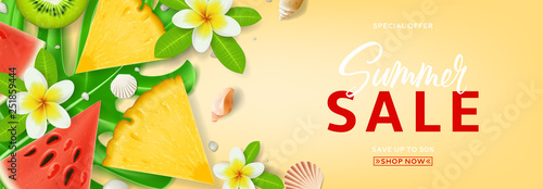 Promo web banner for summer sale. Top view on Summer composition with tropical fruit and plumeria flowers. Vector illustration with discount offer.