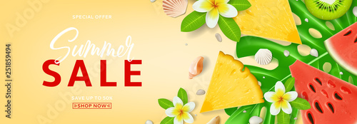 Horizontal promo banner for summer sale. Top view on Summer composition with tropical fruit and plumeria flowers. Vector illustration with discount offer.