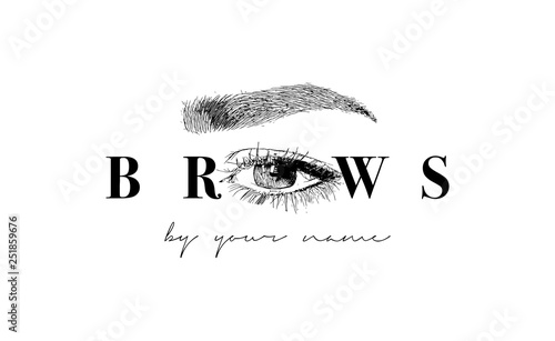 Beautiful vector hand drawing eyebrows for the logo of the master on the eyebrows. Business card template.