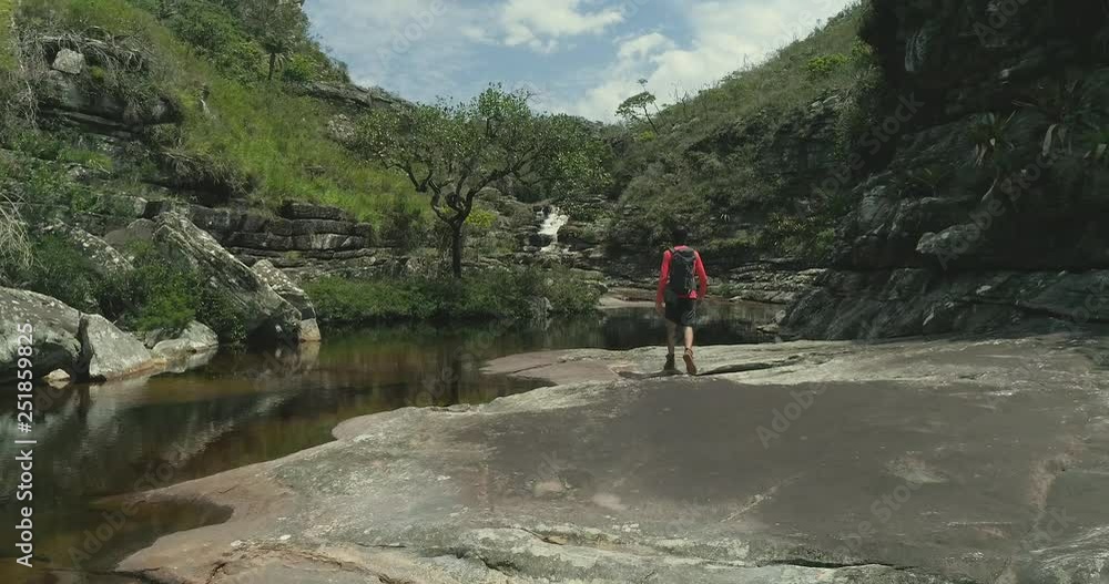 Man exploring nature with backpack and camera Man exploring nature with backpack and camera