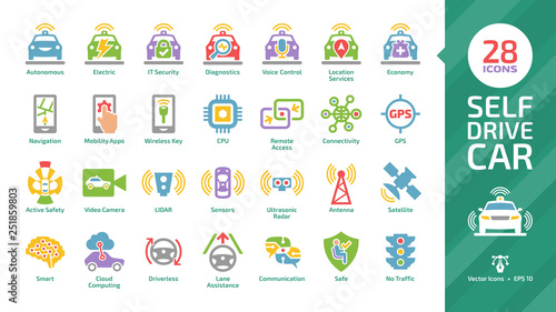 Self drive intelligent car color glyph icon set with driverless autonomous sensor smart vehicle, automated transport, safety technology sign.