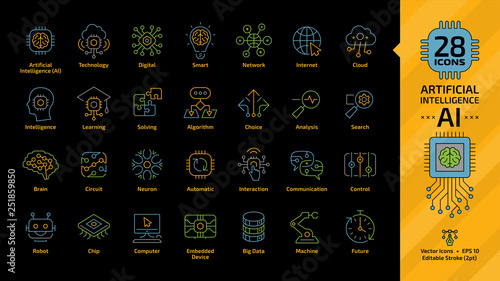 Vector artificial intelligence editable stroke thin outline color icon set on a black background with machine learning, smart robotic tech and network digital AI technology colorful line symbol.