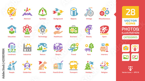 Vector categories and themes glyph color icon for photos and illustrations with science, technology, healthcare, business, beauty, landmark, industrial, nature, resort, travel colorful class sign.
