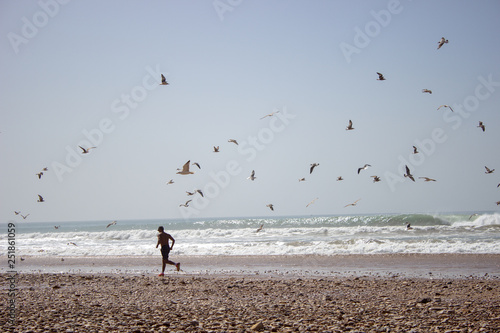 Jogger am Strand mit Möwen und Wellen