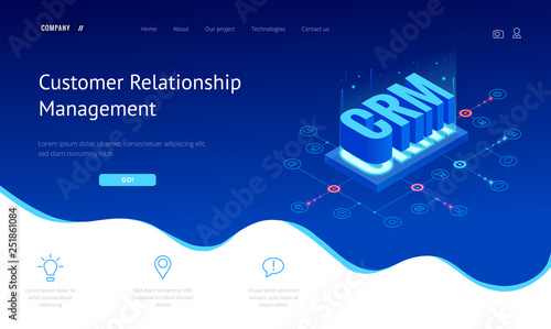 Isometric CRM web banner. Customer relationship management concept. Business Internet Technology vector illustration