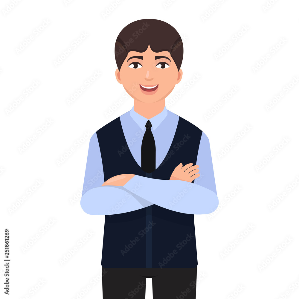 Self confident man, the guy put his hand on his hand, a handsome man  smiling at the camera, cartoon style character Stock Vector | Adobe Stock
