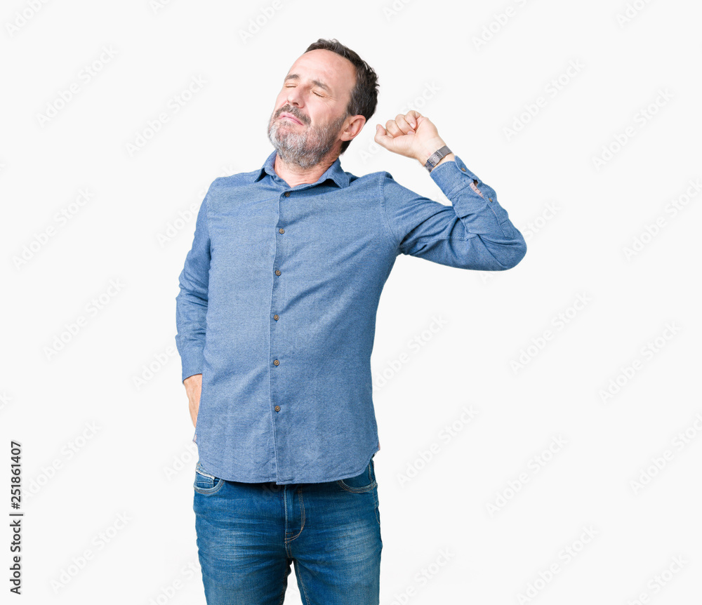 Handsome middle age elegant senior man over isolated background stretching back, tired and relaxed, sleepy and yawning for early morning Handsome middle age elegant senior man over isolated background stretching back, tired and relaxed, sleepy and yawning for early morning