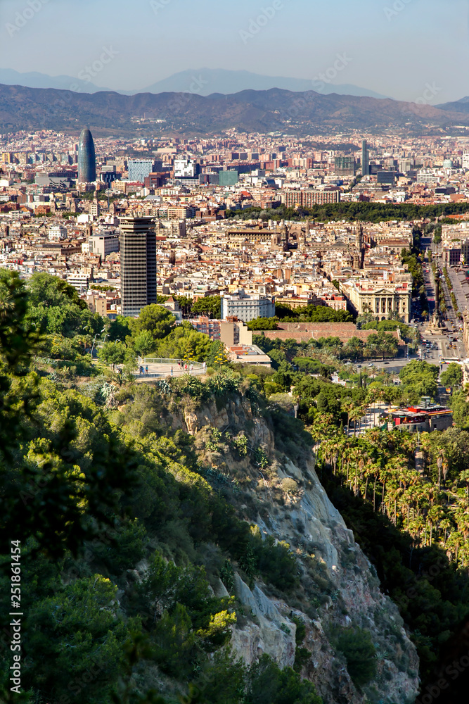 Panoramic view of Barcelona city from the Montjuic hill, Catalonia, Spain