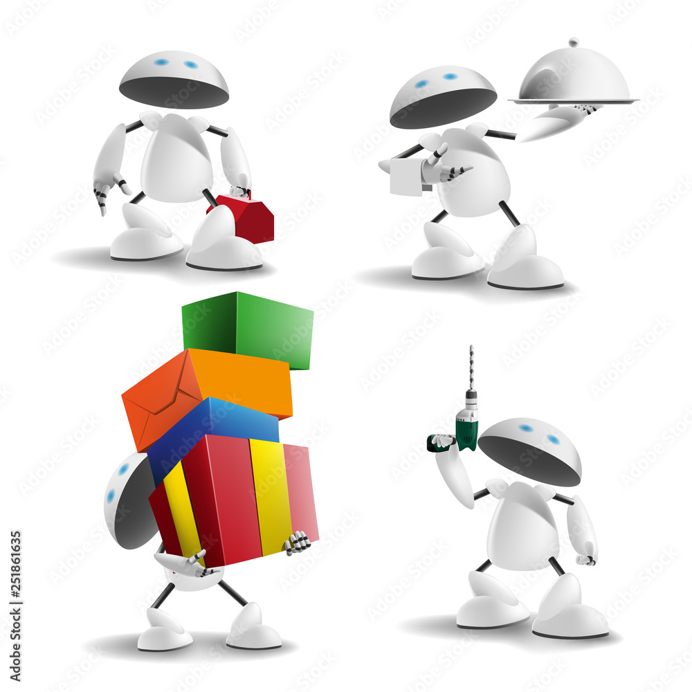 Robot slogger Set of funny robots workers. Illustration, vector. 3D. EPS-10 Robot slogger Set of funny robots workers. Illustration, vector. 3D. EPS-10