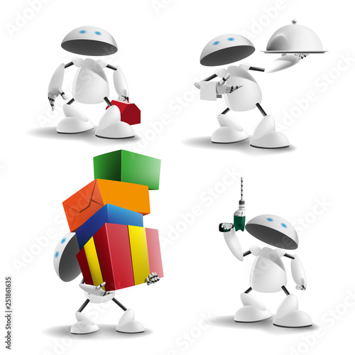 Robot slogger Set of funny robots workers. Illustration, vector. 3D. EPS-10