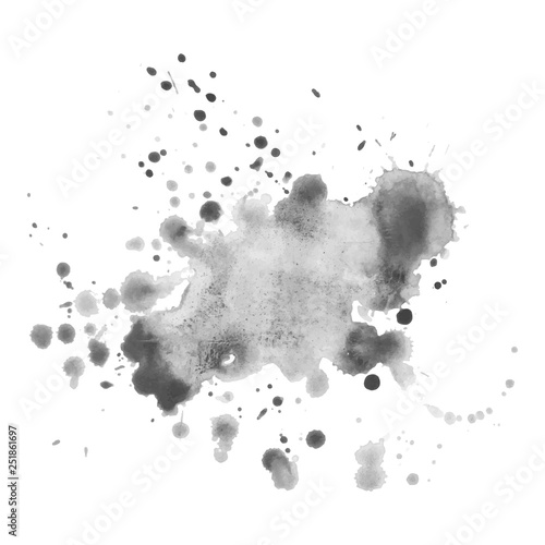 Gray watercolor spot with droplets, smudges, stains, splashes. Grayscale blot in grunge style.