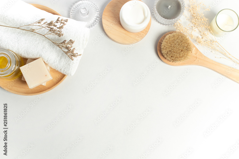 bath collection spa set with brush and oil soap with towel and flower dried with wood dish in beauty cosmetic healthy concept bath collection spa set with brush and oil soap with towel and flower dried with wood dish in beauty cosmetic healthy concept