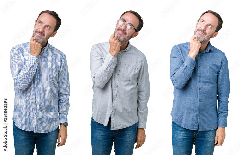 Collage of handsome senior business man over white isolated background with hand on chin thinking about question, pensive expression. Smiling with thoughtful face. Doubt concept. Collage of handsome senior business man over white isolated background with hand on chin thinking about question, pensive expression. Smiling with thoughtful face. Doubt concept.