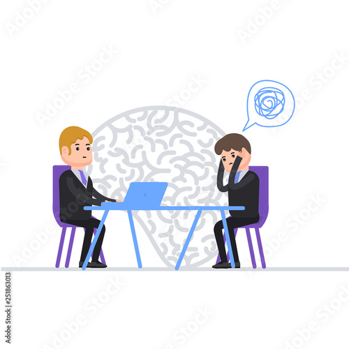 Psychotherapy, psychotherapist talks with patients, a person with mental disorder, mental illness, human psychology