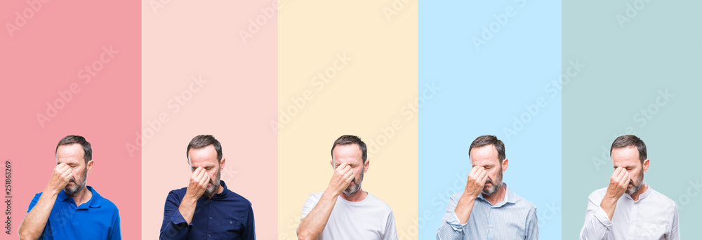 Obraz premium Collage of senior hoary handsome man over colorful stripes isolated background tired rubbing nose and eyes feeling fatigue and headache. Stress and frustration concept.