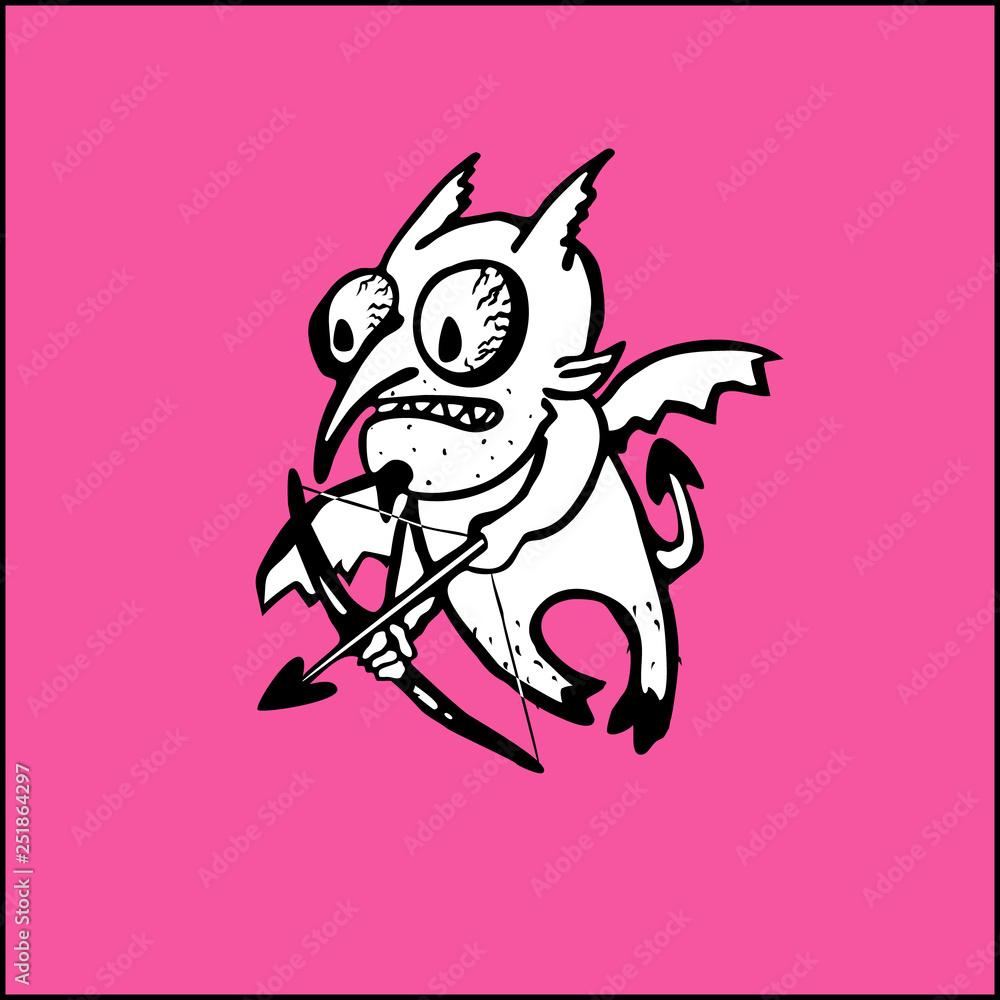little evil cupid-damn target with a bow on a pink background. vector funny illustration