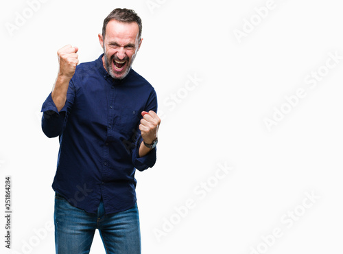 Middle age hoary senior man over isolated background very happy and excited doing winner gesture with arms raised, smiling and screaming for success. Celebration concept.