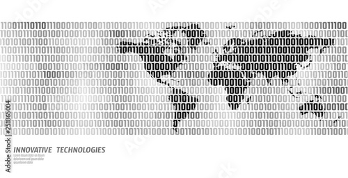 Planet Earth global data exchange binary code flow. Security payment personal information black white business concept world map vector illustration