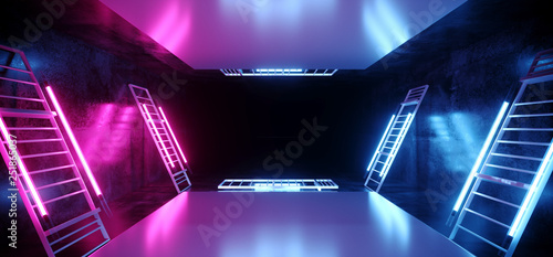 Fototapeta Naklejka Na Ścianę i Meble -  Stage Dance Neon Laser Ultraviolet Purple Pink Blue Fluorescent Sci Fi Futuristic Retro Light Tubes Scene  Grunge Concrete Reflective Podium Corridor 3D Rendering